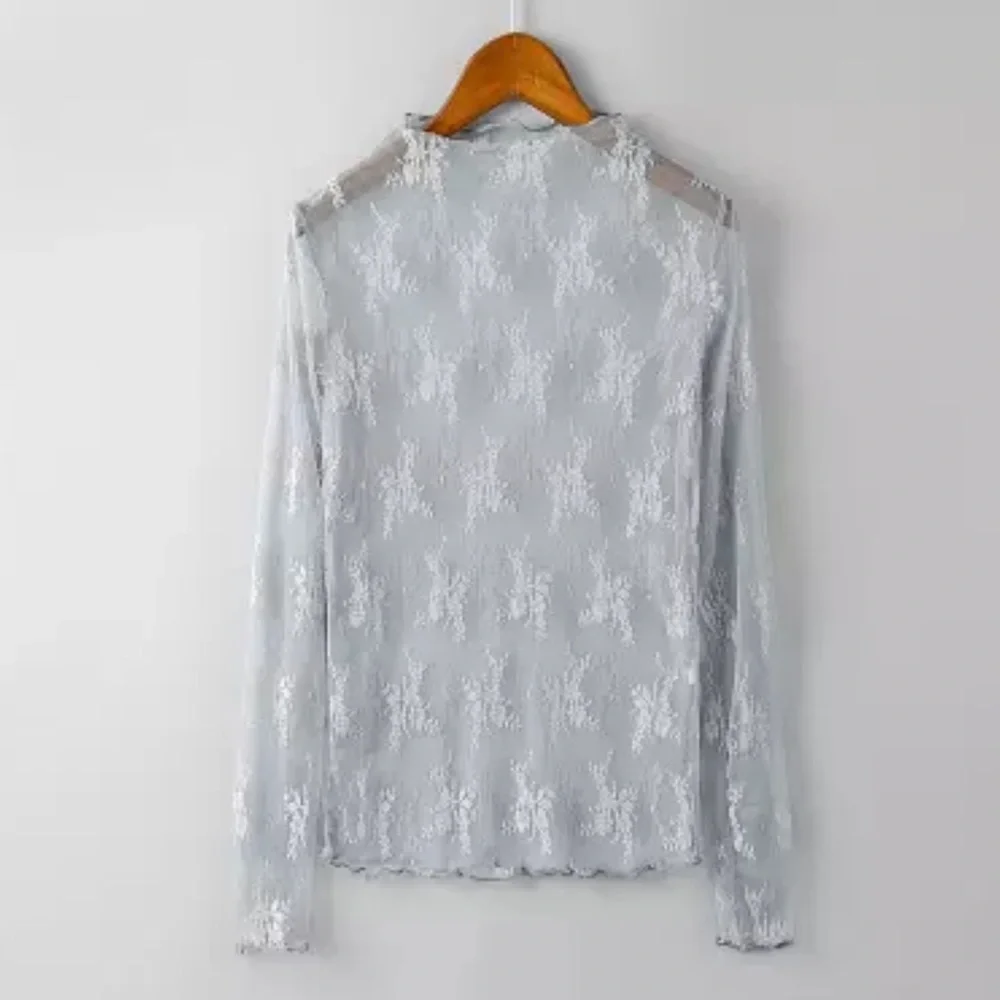 Lace blouse top shirt mesh transparent sexy women’s long sleeve - Picture 4 of 10